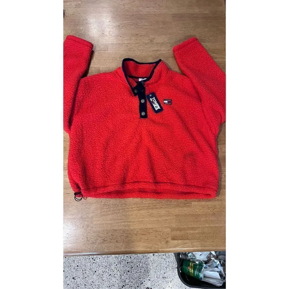 TOMMY JEANS RED FLEECE BLACK TRIM SWEATER PULLOVER TOP JACKET WOMENS SZ XL P1-26